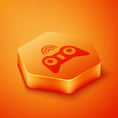 Poster - Isometric Wireless gamepad icon isolated on orange background. Game controller. Orange hexagon button. Vector Illustration
