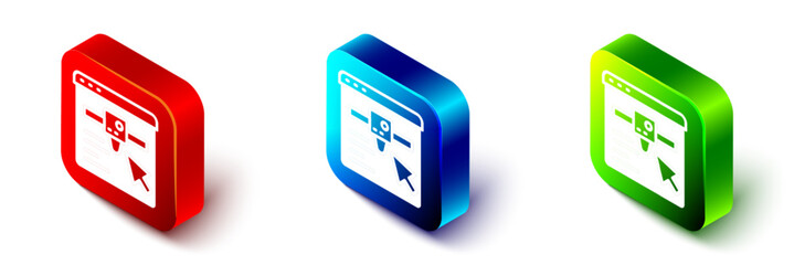 Aufkleber - Isometric 3D printer setting icon isolated on white background. 3d printing. Red, blue and green square button. Vector