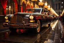  Vintage limousine arriving at a glamorous red carpet event, Generative AI