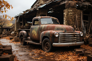 Wall Mural -  Weathered vintage pickup truck in a rustic farm setting, Generative AI