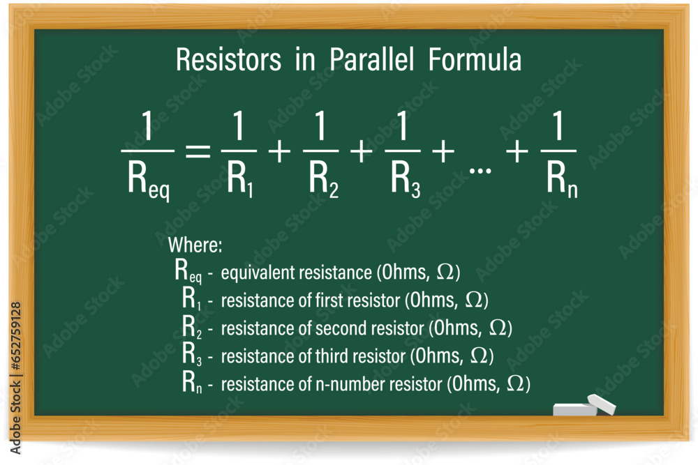 Resistors in Parallel Formula on a green chalkboard. Education. Science. Formula. Vector illustration.