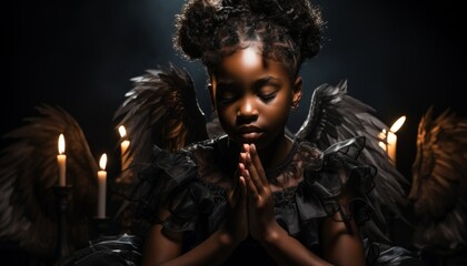 Wall Mural - An angelic dark-skinned girl prays to the Lord in a holy temple. A beautiful child in holy rays. Made in AI	
