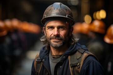 Wall Mural -  Construction worker with a hard hat, symbolizing dedication to building, Generative AI