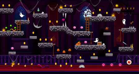 Poster - Arcade Medieval Halloween castle, game level map interface with vector stone platforms and golden coins on stairs. Ghosts, sweets and pumpkins in castle background with Halloween monsters and bonuses