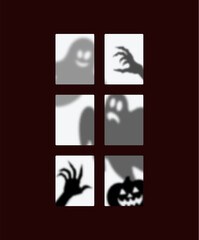 Wall Mural - Halloween window silhouettes of ghosts, spooky pumpkin and boo poltergeist for holiday, vector cartoon monsters. Halloween horror night ghosts with scary faces and zombie hand silhouette in window