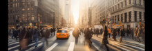 Blurred Busy Street Scene With Crowds Of People Walking Across An Intersection In New York City. Generative Ai