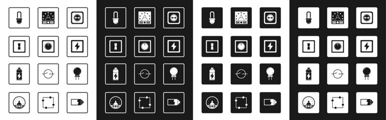 Poster - Set Electrical outlet, light switch, LED bulb, Lightning bolt, Ampere meter, multimeter, voltmeter, emitting diode and Battery icon. Vector