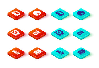 Poster - Set Keyboard, Drawer with documents, Telephone, Calendar, Pie chart infographic and Envelope icon. Vector