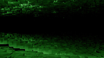 Poster - Black background with green and purple walls. Design. A moving tunnel inwards made in abstraction.