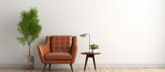 Wall Mural - Contemporary minimalist living room with leather armchair white wall and wooden floor