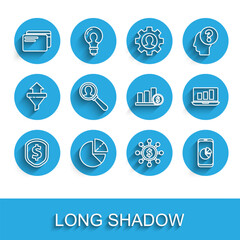 Poster - Set line Shield with dollar, Pie chart infographic, Credit card, Dollar, share, network, Mobile phone, Magnifying glass for search people, Laptop and and icon. Vector