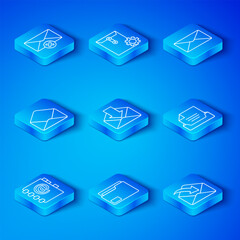 Poster - Set line Address book, Envelope, Document folder, Drawer with document, Delete envelope and icon. Vector