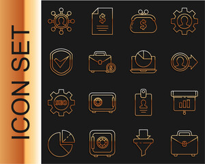 Poster - Set line Briefcase, Graph, chart, diagram, infographic, Job promotion, Wallet with dollar, and money, Shield check mark, Business network communication and Laptop icon. Vector