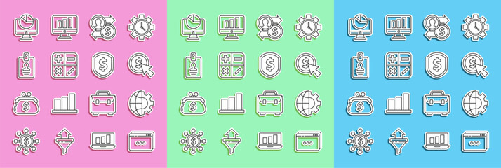 Poster - Set line Website template, Globe of the Earth and gear, Cursor coin, Job promotion exchange money, Calculator, Identification badge, Computer monitor with graph chart and Shield dollar icon. Vector