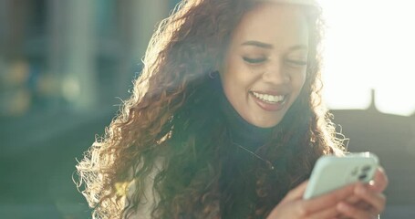 Poster - Happy, woman and laughing with phone text in city outdoor with internet message and social media scroll. Funny joke, female person and mobile with a smile with networking and website app post