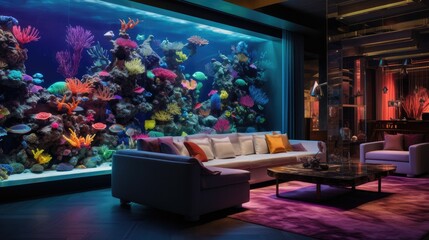 A stunning view of the large saltwater aquarium covering the living room. Generated AI