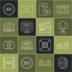 Poster - Set line Cinema ticket, 3D cinema glasses, Director movie chair, CD DVD disk, Monitor with HD video, Laptop star, 5d virtual reality and Movie clapper icon. Vector