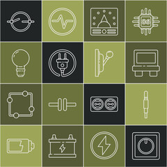 Poster - Set line Electric light switch, Audio jack, Fuse, Ampere meter, multimeter, voltmeter, plug, Light bulb with concept of idea, circuit scheme and Electrical panel icon. Vector