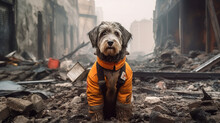 Rescue Dog, Search Team Of Dogs In A Firefighter Uniform Against The Backdrop Of A Disaster After An Earthquake In The City. Created In AI.
