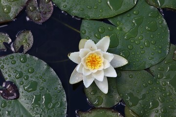 Poster - Top view of a white water lily flowers over the water with large leaves around