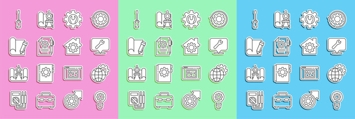 Poster - Set line Light bulb and gear, Globe of the Earth, Location with wrench spanner, Wrench, Document settings pen, Graphing paper pencil, Screwdriver and House icon. Vector