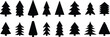 set of Drawing Christmas trees icons, mistletoe, holly berry leaves. Modern continuous flat art, aesthetic contour. symbol for greeting card, prints, poster, sticker, banner, invites.