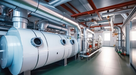Poster - Interior of boiler at industrial factory, Piping, Pumps and motors.