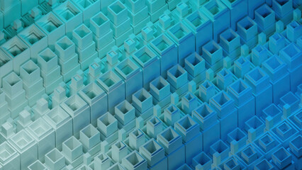 Poster - Blue light squares. Design. Small squares made in 3d format that move in different directions.