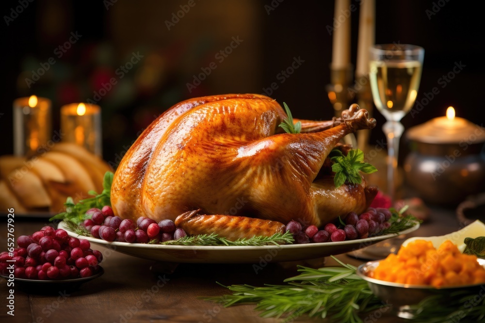 traditional Thanksgiving feast with a golden roasted turkey, stuffing ...