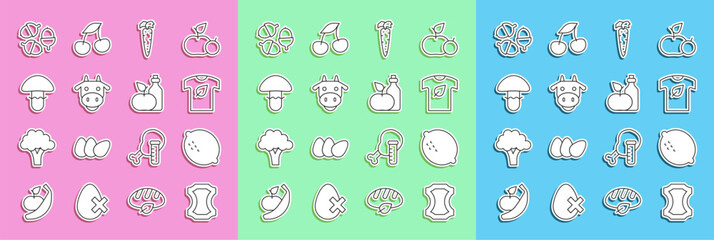 Wall Mural - Set line Leather, Lemon, Vegan shirt, Carrot, Cow head, Mushroom, Acorn and Apple cider vinegar in bottle icon. Vector