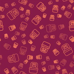 Poster - Brown line Sleeping bag icon isolated seamless pattern on red background. Vector