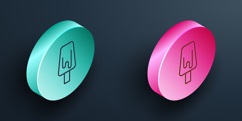 Wall Mural - Isometric line Ice cream icon isolated on black background. Sweet symbol. Turquoise and pink circle button. Vector