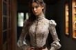 Victorian inspired high necked blouse with lace cuffs, Generative AI