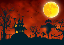 Background Illustration Of Halloween With Creepy Scarecrow And Scary Haunted House Against A Full Moon With Red Spooky Cloud