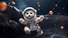 Cute Little Cat In Space Wearing Spacesuit. Exploration Concept