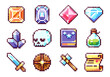 Pixel Art Y2K Adventure Set. 8bit Weapons, Gems, Magic, Enemies - Sword, Shield, Hammer, Monster, Potion. Retro Arcade Game Icons, Stickers, Sprites and Avatars.