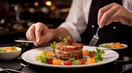 Making food, Chef is arranging food on a plate.