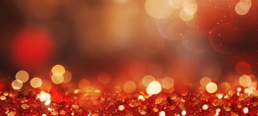 Poster - Festive celebration holiday christmas, new year, new year's eve background banner template illustration - Abstract gold red glitter sequins bokeh lights texture, de-focused
