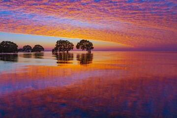 Canvas Print - Spectacular sunset over the lake showcasing vibrant orange, yellow and pink hues in the sky