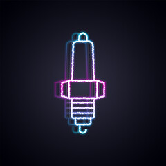 Wall Mural - Glowing neon line Car spark plug icon isolated on black background. Car electric candle. Vector