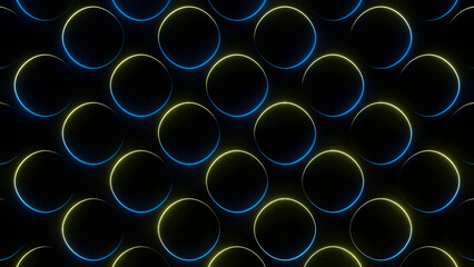 Poster - Background of shimmering neon rings on black background. Design. 3D volume effect with moving glitter of colorful rings. Colorful rings shimmer and create illusion of volume on black background