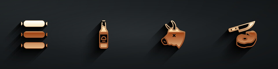 Sticker - Set Sausage, Beer bottle, Cow head and Steak meat and knife icon with long shadow. Vector