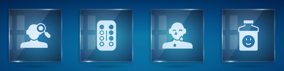 Poster - Set Finding a problem in psychology, Sedative pills, Tear cry eye and Antidepressants. Square glass panels. Vector