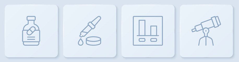 Poster - Set line Medicine bottle and pills, Graph chart infographic, Pipette and Telescope. White square button. Vector