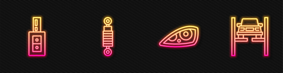 Poster - Set line Car headlight, key with remote, Shock absorber and Repair car on lift. Glowing neon icon. Vector