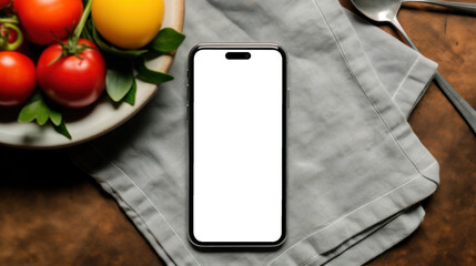 mockup image of smartphone with blank transparent screen, lies on the textile table near healthy food tomato in the kitchen environment furnishings. For culinary and healthy lifestyle apps and website