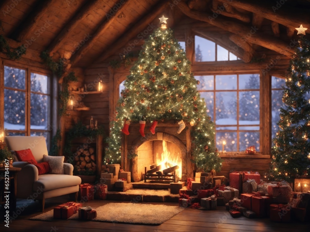 Fireplace Room Christmas Digital Backdrop tree stockings presents ...