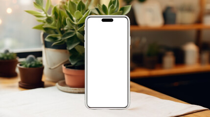 UI UX mockup image of smartphone with blank transparent screen, standing on a table with flowers in a cafe environment furnishings. For apps and websites marketing and advertising presentation
