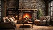 Warm and rustic living room with a stone fireplace and antler decor