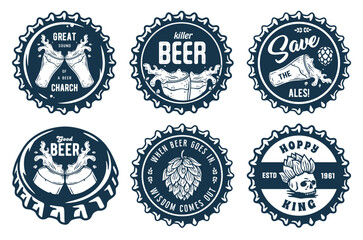 Wall Mural - Monochrome beer cap vector set for design of brew beer in a brewery. The collection of metal corks for logos of craft brewing